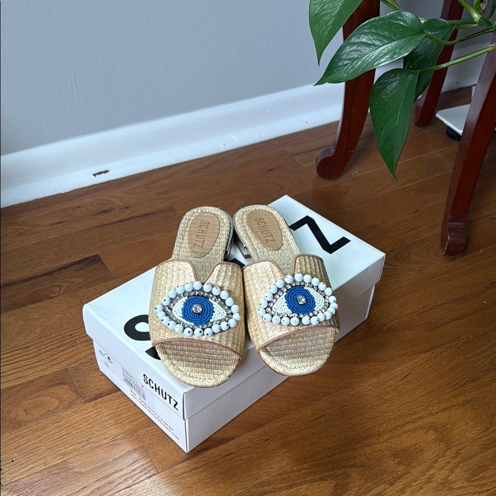 SCHUTZ Raffia Tan and Blue Beaded Evil Eye Artistic Sandals 7.5